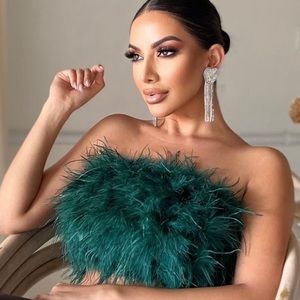 Cropped green feather top worn for a few hours